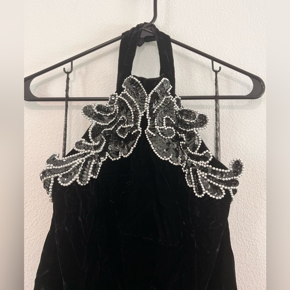 Vintage Betsy & Adam Embellished Sequin Crushed Black Velvet Halter Dress 5/6 - Picture 3 of 13
